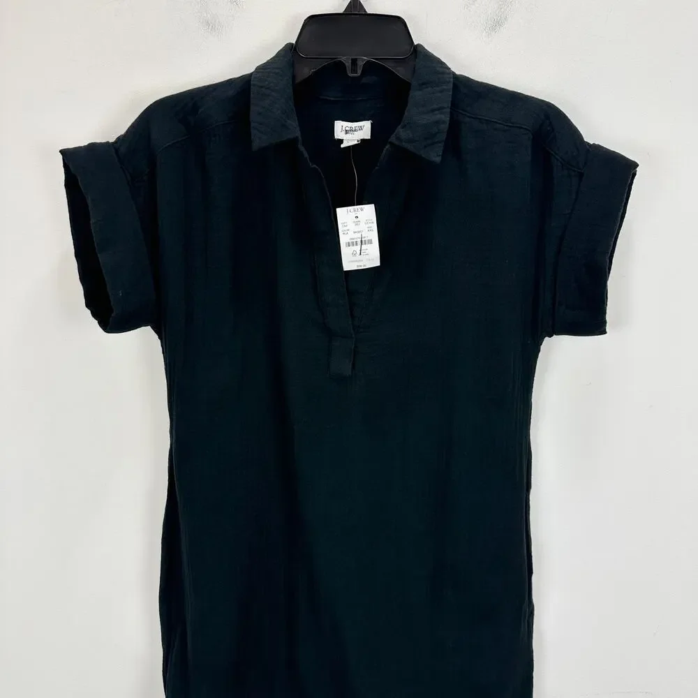 J.Crew Short Sleeve Gauze Popover Dress Mini Casual Cotton Black XXS NWT